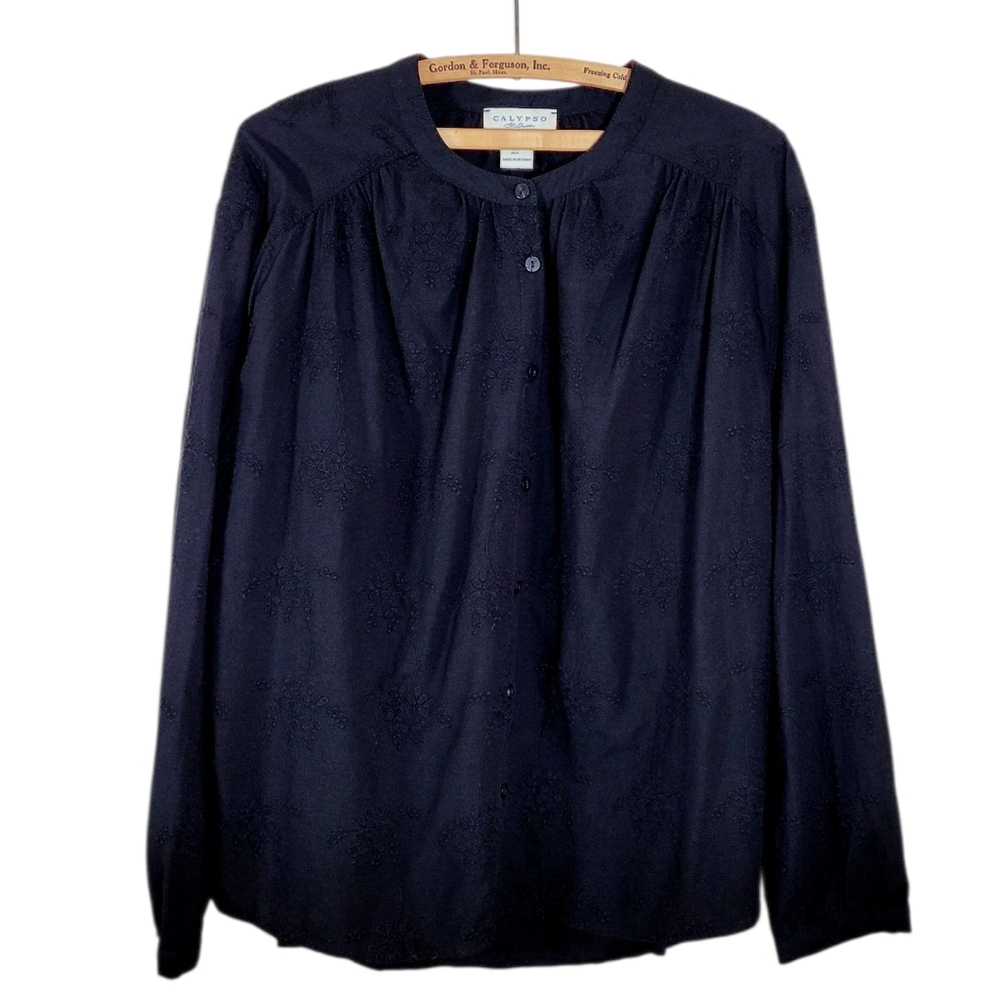 CALYPSO ST. BARTH Black Tonal Embroidered Button Front Cotton Peasant Top Large